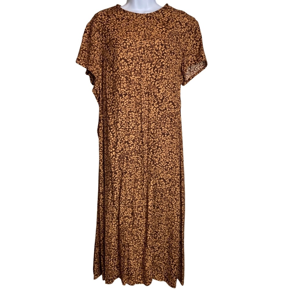 VTG 80s Fiber Arts Brown Floral Prairie Maxi Dress Sz L Cottagecore Boho Chic